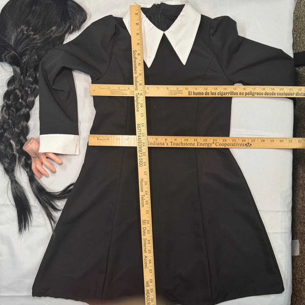 Kids Wednesday Addams Costume Dress Black White Collar Wig Prop Hand Thing